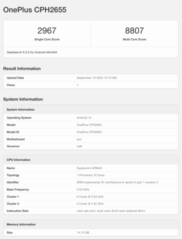 L'elenco di OnePlus 13 su Geekbench. (Fonte: Geekbench)