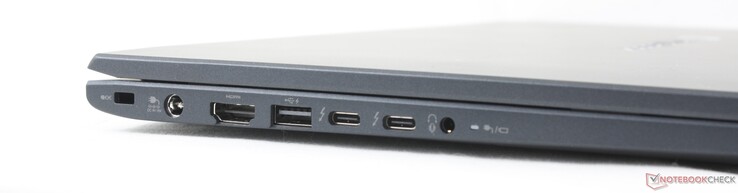 A sinistra: Blocco di sicurezza, adattatore AC, HDMI, USB-A Gen 3.2, 2x USB-C 4.0 con DisplayPort + Power Delivery, cuffie da 3,5 mm