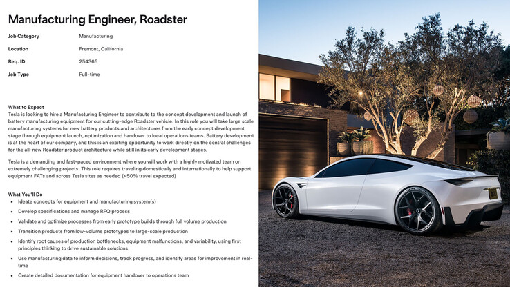 L'annuncio di lavoro per la produzione di batterie di Tesla Roadster 2. (Fonte: Sawyer Merritt/X)