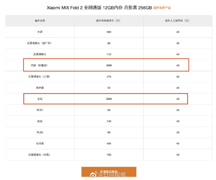 L'elenco ufficiale di Xiaomi dei costi di servizio per il Mix Fold 2. (Fonte: Xiaomi via Weibo)