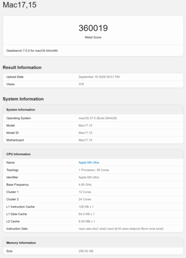 Punteggio GPU dell’Apple M5 Ultra su Geekbench 7
