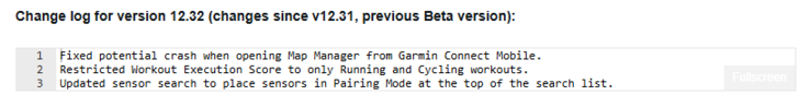 Il registro delle modifiche della versione beta 12.32 per il Garmin Fenix 8 e gli smartwatch correlati. (Fonte: Garmin)