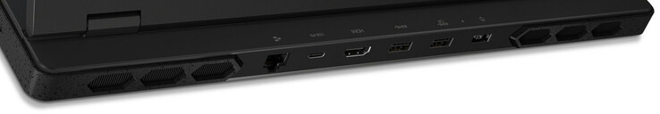 Retro: Gigabit Ethernet, USB 3.2 Gen 2 (USB-C; Power Delivery, DisplayPort), HDMI, 2x USB 3.2 Gen 1 (USB-A), porta di alimentazione