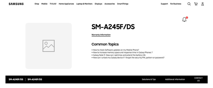 Il "Galaxy A24" è stato individuato come una nuova voce del database del supporto Samsung. (Fonte: Samsung IN via SamMobile)