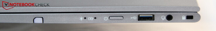 A destra: input pen, pulsante di accensione, USB-A, audio, Kensington lock