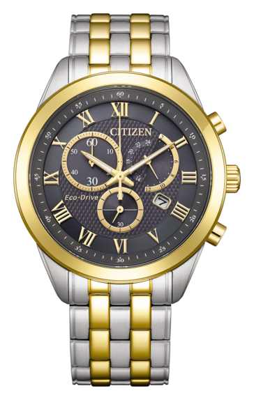 Cronografo Citizen AT2604-56H Eco-Drive caratterizzato da un quadrante grigio antracite con finitura testurizzata, lunetta e lancette color oro e un bracciale bicolore in acciaio inossidabile.