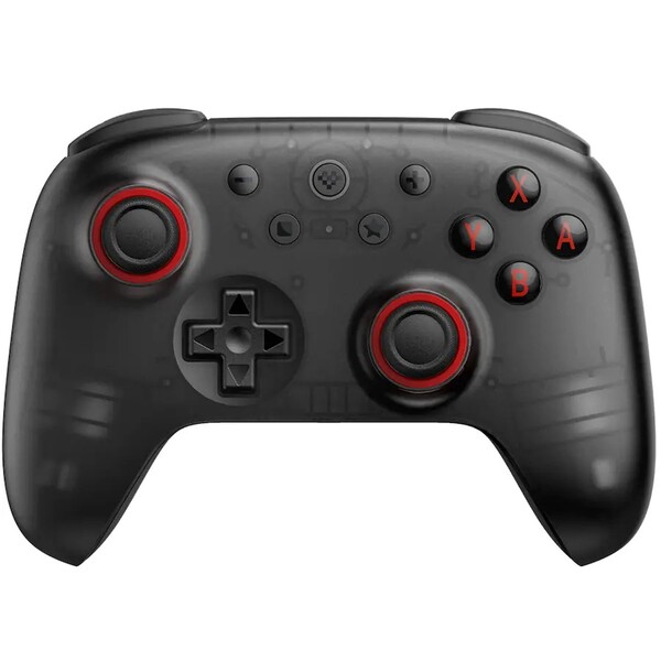 L'8BitDo Ultimate 2C Bluetooth in nero traslucido ha anelli di joystick rossi e pulsanti ABXY. (Fonte: 8BitDo)