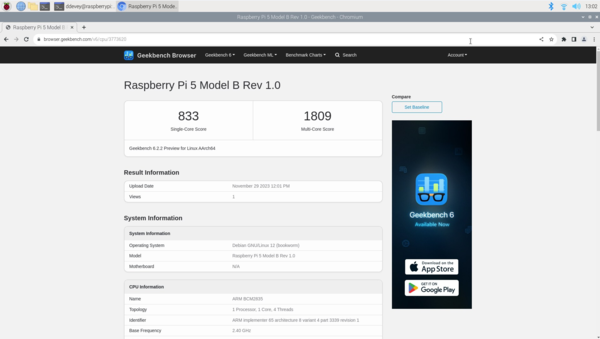 Con un punteggio singolo Geekbench 6 di 833, il Raspberry Pi 5 non è da meno (Fonte: Notebookcheck)