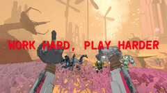 Schermata di Mycopunk con mani robotiche e testo che recita "work hard play harder"