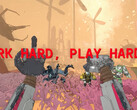 Schermata di Mycopunk con mani robotiche e testo che recita "work hard play harder"