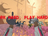 Schermata di Mycopunk con mani robotiche e testo che recita "work hard play harder"