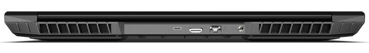 Lato Posteriore: alimentazione, 2,5 Gbit (LAN), HDMI 2.1 (con HDCP 2.3), Thunderbolt 4/USB-C 4.0 Gen3 (DisplayPort 1.4a, compatibile con G-SYNC, senza alimentazione) (fonte immagine: Schenker)