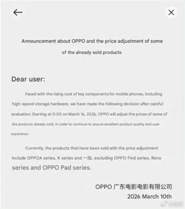 Oppo annuncia un aumento dei prezzi di diversi smartphone in Cina.