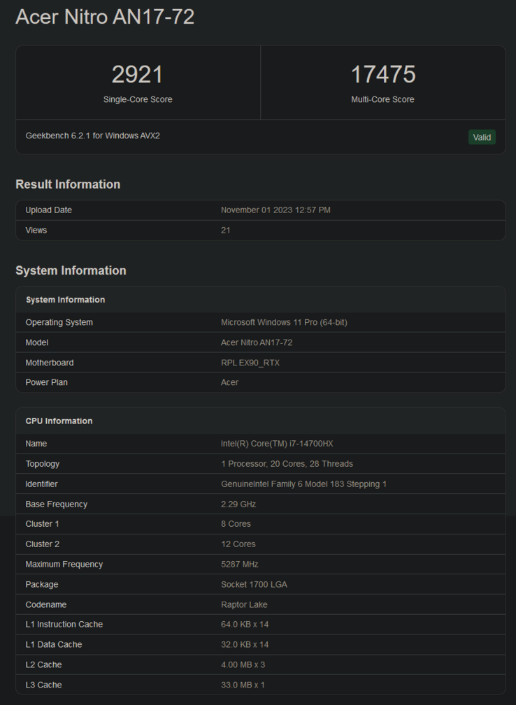 Intel Core i7-14700HX, elenco Geekbench (immagine via Geekbench)