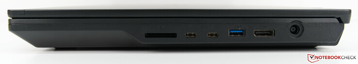 A destra: Slot per schede SD, 2 x Thunderbolt 3 porte, USB 3.0 tipo A, DisplayPort, porta di ricarica