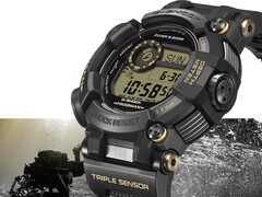 Il Casio G-Shock Frogman GWF-D1000BC-1JF è raffigurato di profilo, mettendo in risalto la sua cassa massiccia e asimmetrica e il cinturino in materiale composito.