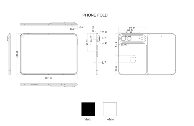 Presunti schemi dell'iPhone Ultra/Fold di un produttore di custodie (ingranditi con AI).