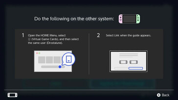 Fase 1 del collegamento delle console Nintendo Switch per la condivisione delle Carte Gioco Virtuali: Lo schermo indica all'utente di aprire il Menu HOME, selezionare l'icona Carte gioco virtuali e poi selezionare il proprio profilo utente sull'altra console Nintendo Switch che desidera collegare.
