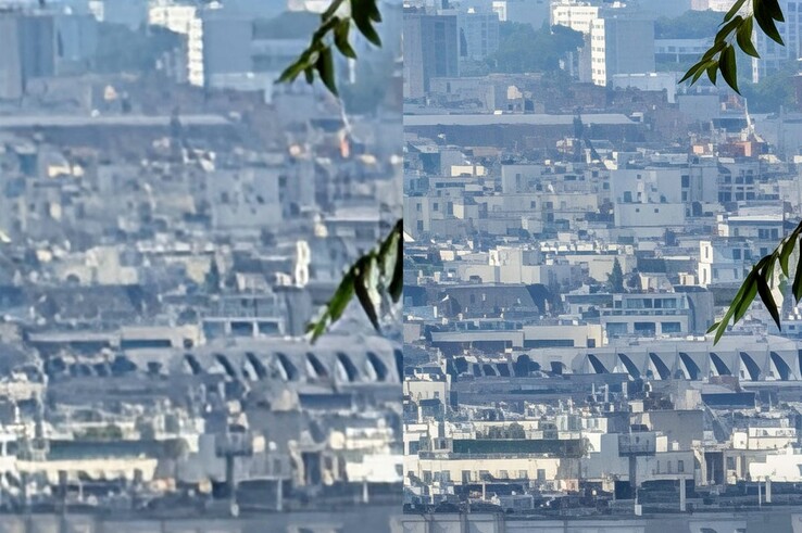 Lo zoom Pro Res funziona meglio nelle città (Sinistra: non modificato, Destra: ottimizzato per l'AI) (Fonte: Cnet)
