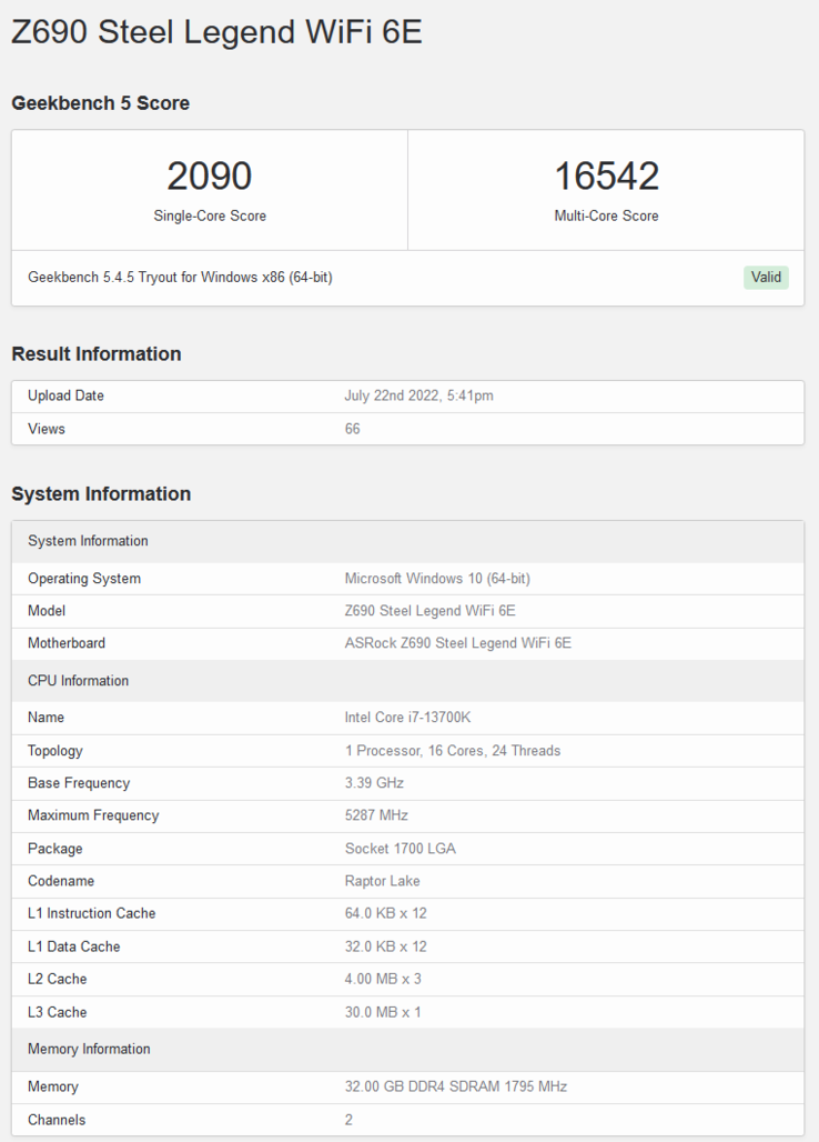 Intel Core i7-13700K: l'elenco di Geekbench (immagine da Geekbench)