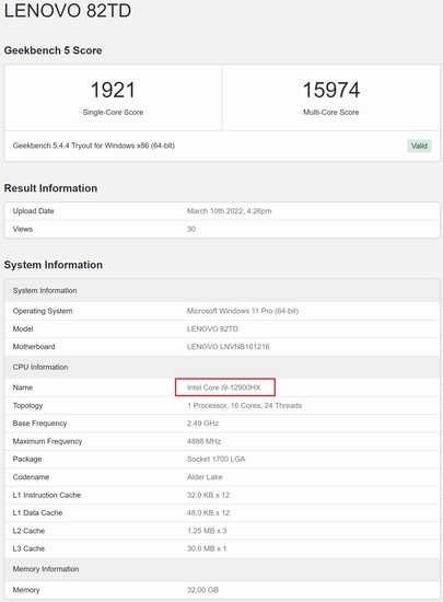 Intel Core i9-12900HX. (Fonte immagine: Geekbench)