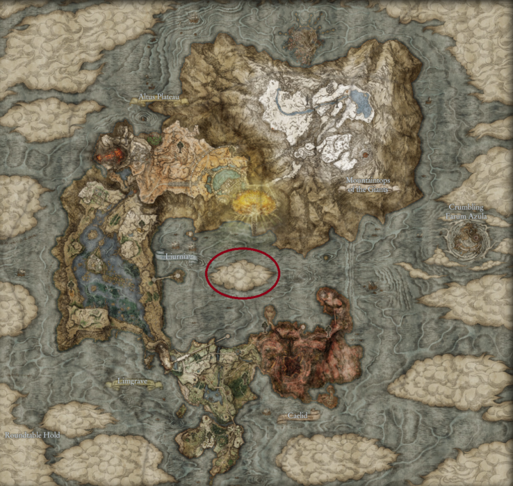 Potenziale location di Shadow of the Erdtree in The Lands Between (immagine via Map Genie, modificata)
