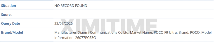 Scheda del Poco F9 Ultra nel database IMEI della GSMA.