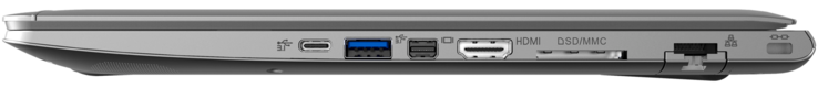 A destra: 1x Thunderbolt 3, 1x USB 3.1 Gen1, porta Mini Display, HDMI, lettore di schede 6-in-1, LAN, Kensington Lock