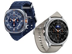 Galaxy Watch Ultra in Titanium Blue (in alto) e Galaxy Watch 8 Classic in nero con fascia Taupe (a cura).