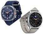 Galaxy Watch Ultra in Titanium Blue (in alto) e Galaxy Watch 8 Classic in nero con fascia Taupe (a cura).