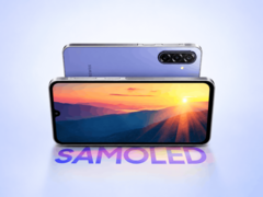Samsung Galaxy F70 5G mostrato frontalmente e posteriormente in una finitura viola