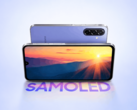 Samsung Galaxy F70 5G mostrato frontalmente e posteriormente in una finitura viola