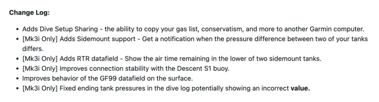 Le note di rilascio per il software di sistema Garmin Descent Mk3/Mk3i 25.21
