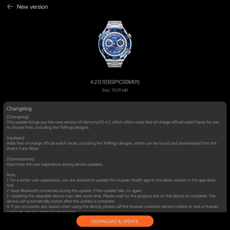 Il registro delle modifiche della versione 4.2.0.103 per il Huawei Watch Ultimate. (Fonte immagine: @RODENT950 via X)