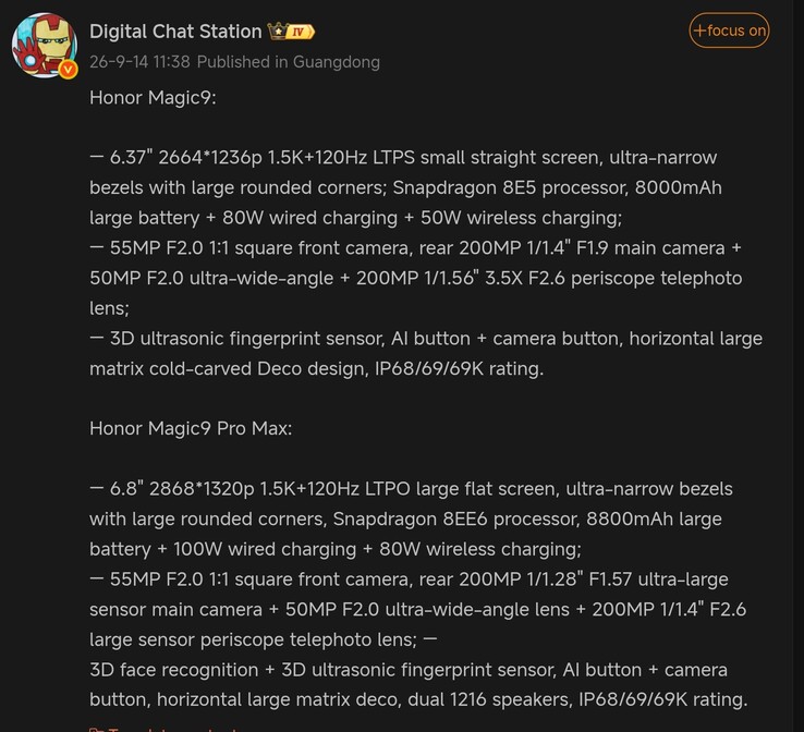 Il post su Weibo pubblicato da Digital Chat Station che illustra in dettaglio le specifiche dei due prossimi modelli di punta Honor
