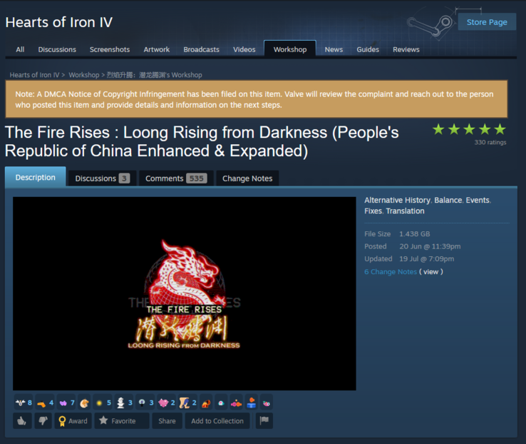 L'avviso DMCA sulla pagina della comunità Steam di The Fire Rises : Loong Rising from Darkness. (Fonte: Steam)