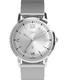 Orologio da cerimonia Timex x Todd Snyder Marlin Mesh con quadrante argentato a raggiera e bracciale milanese.