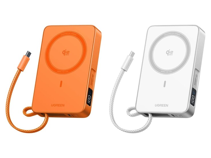 La Banca di energia magnetica Ugreen MagFlow Qi2 25W in arancione e bianco