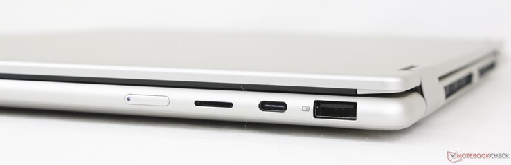 A destra: Pulsante di accensione, lettore MicroSD, USB-C (10 Gbps) con DisplayPort 1.4a + Power Delivery, USB-A (5 Gbps)