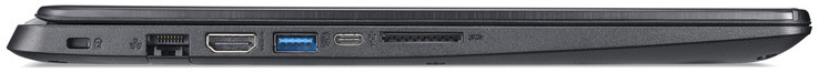 Sinistra: slot per cable lock, Gigabit Ethernet, HDMI, 2x USB 3.1 Gen 1 (1x Type-A, 1x Type-C), SD card reader (SDXC)