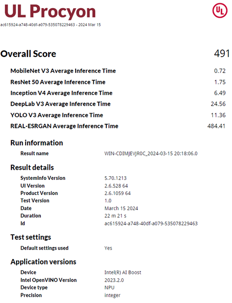 Risultati del test UL Procyon NPU Integer