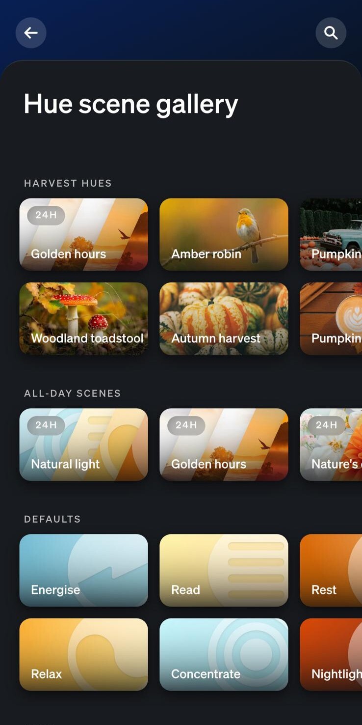 Una schermata della nuova collezione Harvest Hues nella galleria delle scene dell'applicazione Philips Hue. (Fonte immagine: Own)