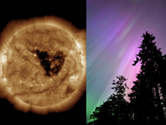 Una tempesta geomagnetica in questo periodo dell'anno è significativa a causa dell'effetto Russell-McPherron. Nella foto - buco coronale nel sole (sinistra) e aurora boreale (destra) (Fonte immagine: NOAA, Anubhav Sharma/Notebookcheck)