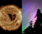 Una tempesta geomagnetica in questo periodo dell'anno è significativa a causa dell'effetto Russell-McPherron. Nella foto - buco coronale nel sole (sinistra) e aurora boreale (destra) (Fonte immagine: NOAA, Anubhav Sharma/Notebookcheck)