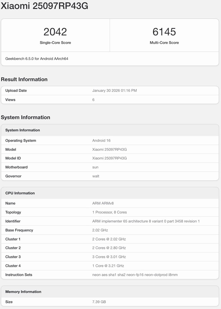 Elenco Geekbench della variante globale dello Xiaomi Pad 8.