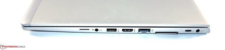 destra: slot SIM, audio combinato, USB 3.0 Type A, HDMI, Ethernet, porta docking, Thunderbolt 3, alimentazione