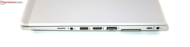 Lato destro: Slot per scheda SIM, porta combo audio, USB 3.0 tipo A, HDMI, Gigabit LAN, porta docking, USB tipo C, alimentazione