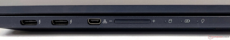 Connettori a sinistra: 2x Thunderbolt 4 (40GBit/s, DisplayPort ALT mode 1.4, Power Delivery 3.0), 1x Micro HDMI (per LAN)