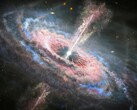Un'illustrazione che mostra un buco nero e un quasar.