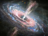 Un'illustrazione che mostra un buco nero e un quasar.